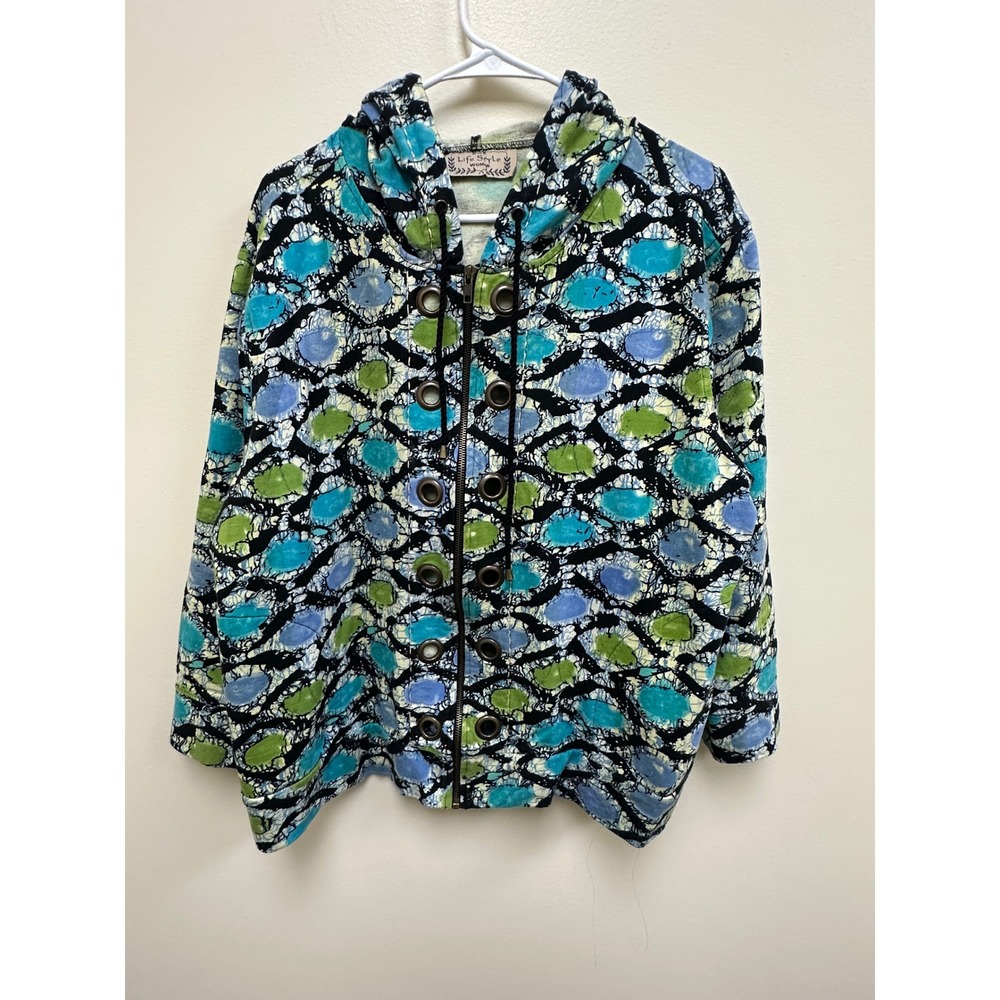 Life Style Woman Blue Green Batik Abstract Zip Up Hoodie Cotton Plus Size 2X
